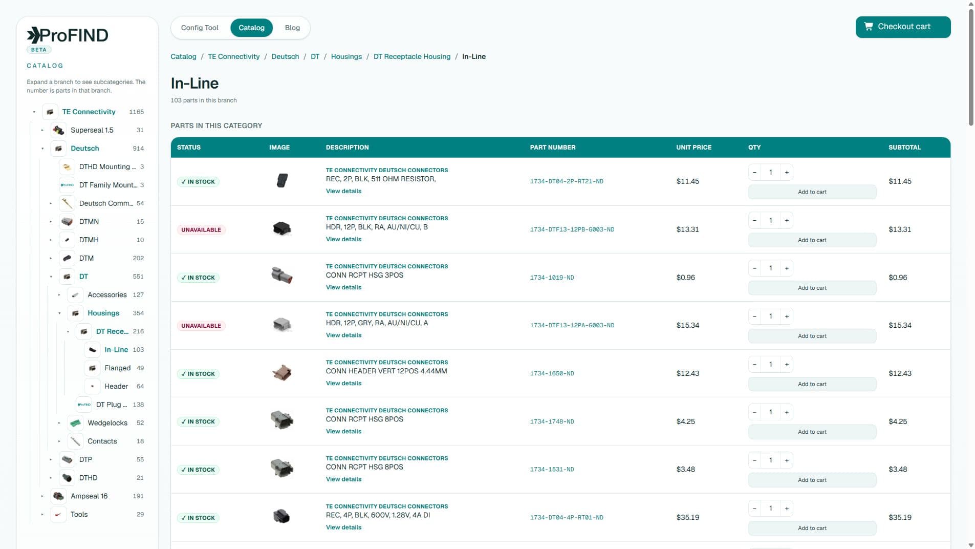 ProFind Catalog results showing in-stock and unavailable connector records side by side during a sourcing review