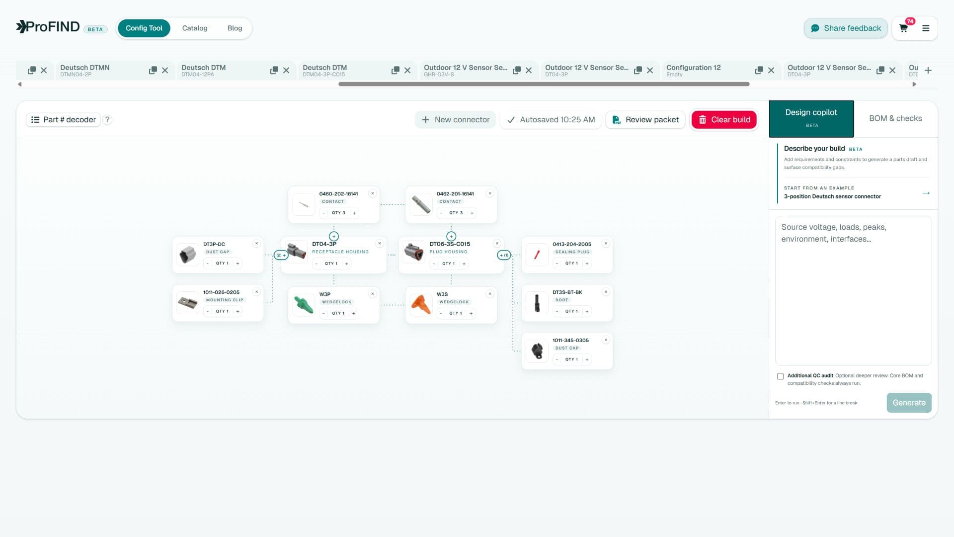 ProFind Config Tool showing a complete sealed Deutsch DT assembly with housings, contacts, wedgelocks, plug, boot, and caps