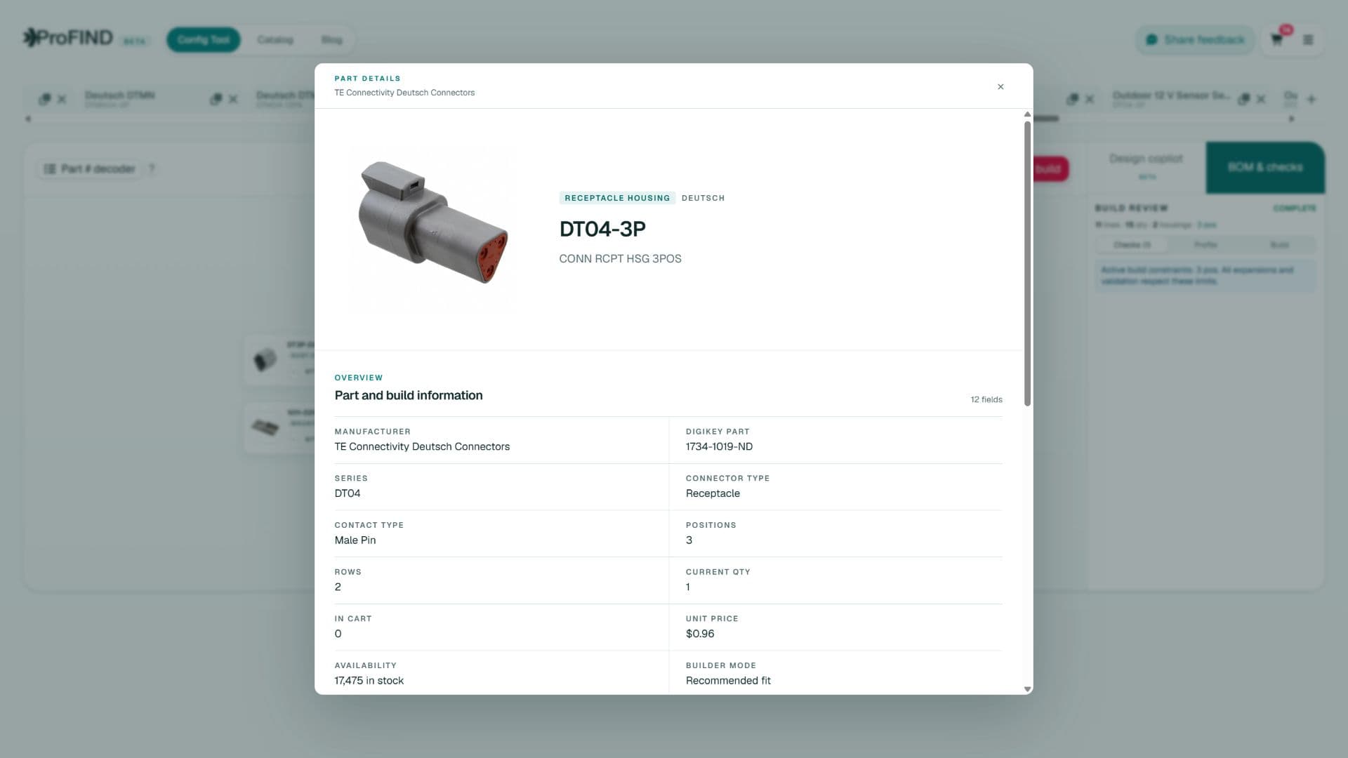 ProFind part-details panel exposing manufacturer, series, connector type, positions, and contact type for replacement qualification