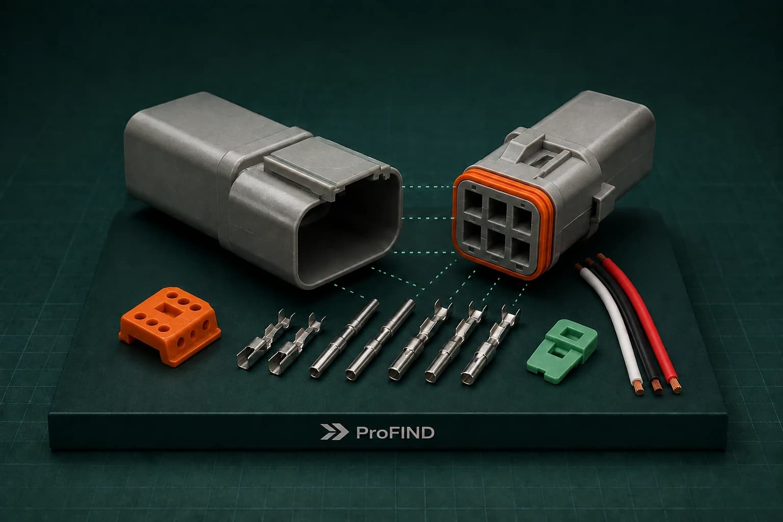 ProFind branded product scene featuring gray mating connector housings, orange seals, wedgelocks, and silver crimp contacts