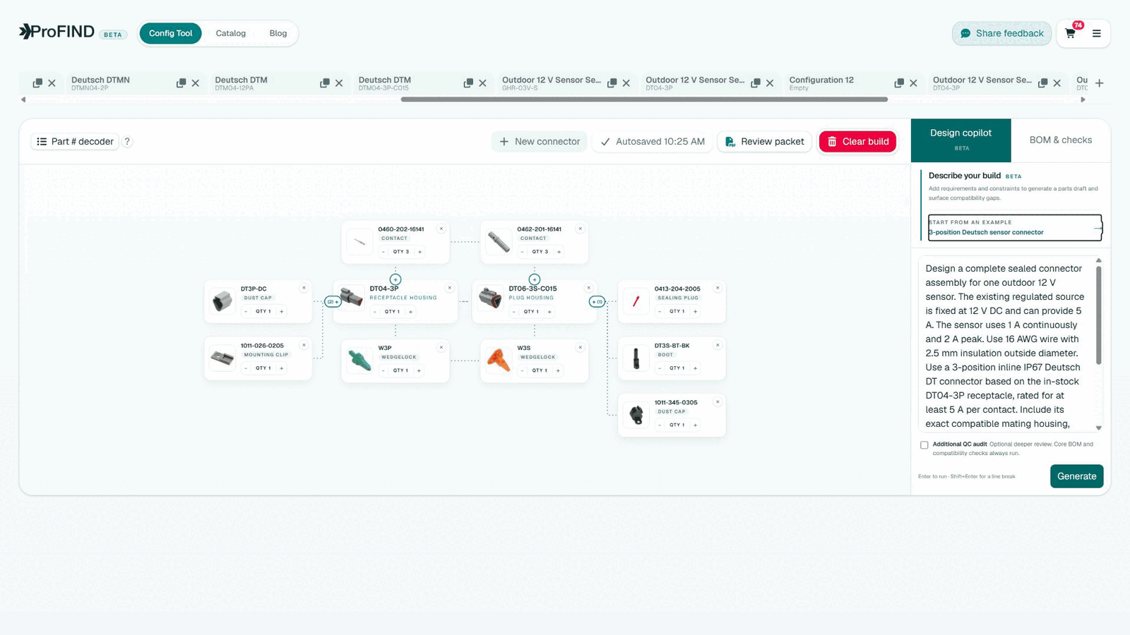 ProFind workflow moving from a written connector brief through assembly configuration and BOM checks